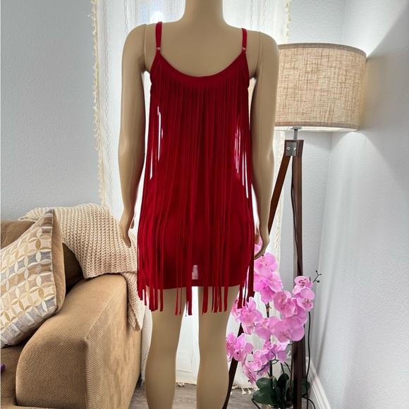 Red Retro Sheath Dress Size S Small Fringe Tassel Spaghetti Strap Peep Pt Toe - Picture 5 of 14